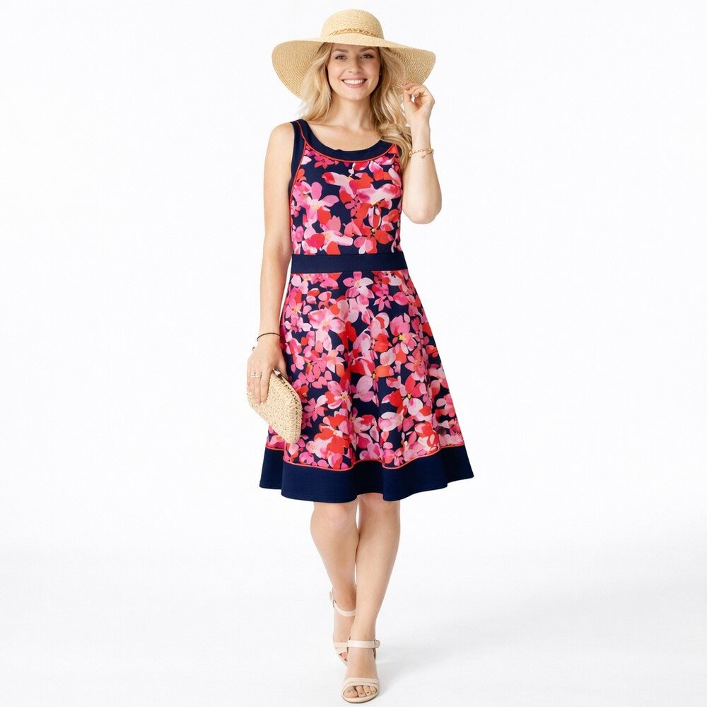 Floral Fit & Flare Dress Navy Pink Garden Party Pockets Sleeveless Lands' End 8